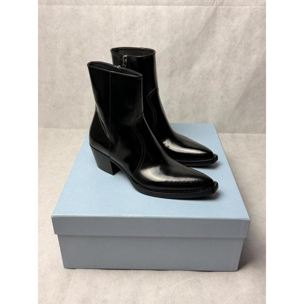 Prada Brushed Leather Western Ankle Boots SZ EU 36 / US 6 Black Brand New
